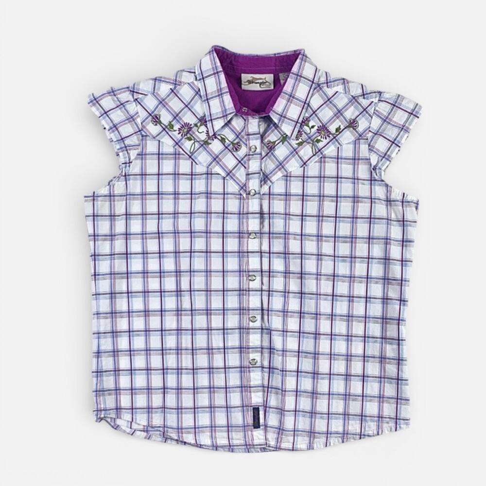 2000s Wrangler Pearl Snap Plaid Cap Sleeve Western Rodeo Shirt Sz Large